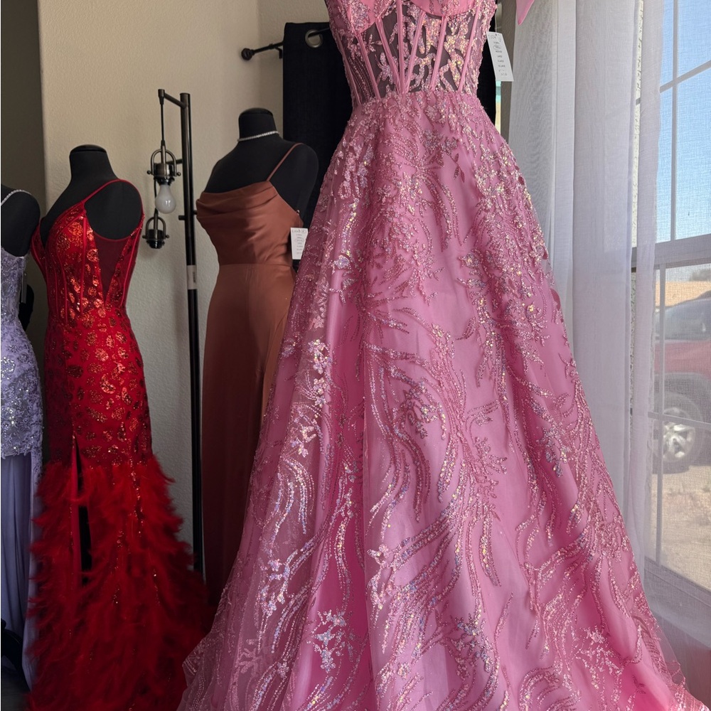Pink Beaded Corset Dress with Bow Straps - Picture 6 of 7